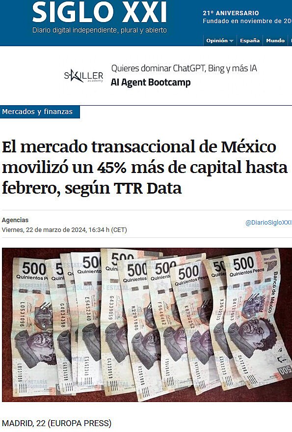 El mercado transaccional de Mxico moviliz un 45% ms de capital hasta febrero, segn TTR Data